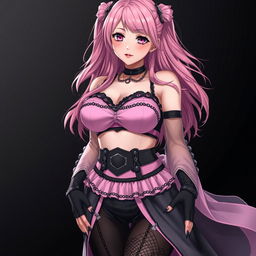 A realistic, sexy submissive gothic anime girl featuring a flustered, subtle smile accentuated with a blush on her cheeks