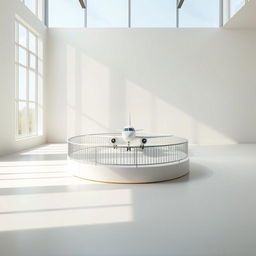 An artistic depiction of an empty room with a minimalist design and soft, neutral tones