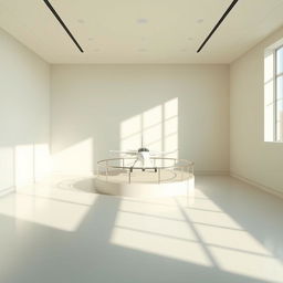 An artistic depiction of an empty room with a minimalist design and soft, neutral tones