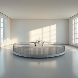 An artistic depiction of an empty room with a minimalist design and soft, neutral tones
