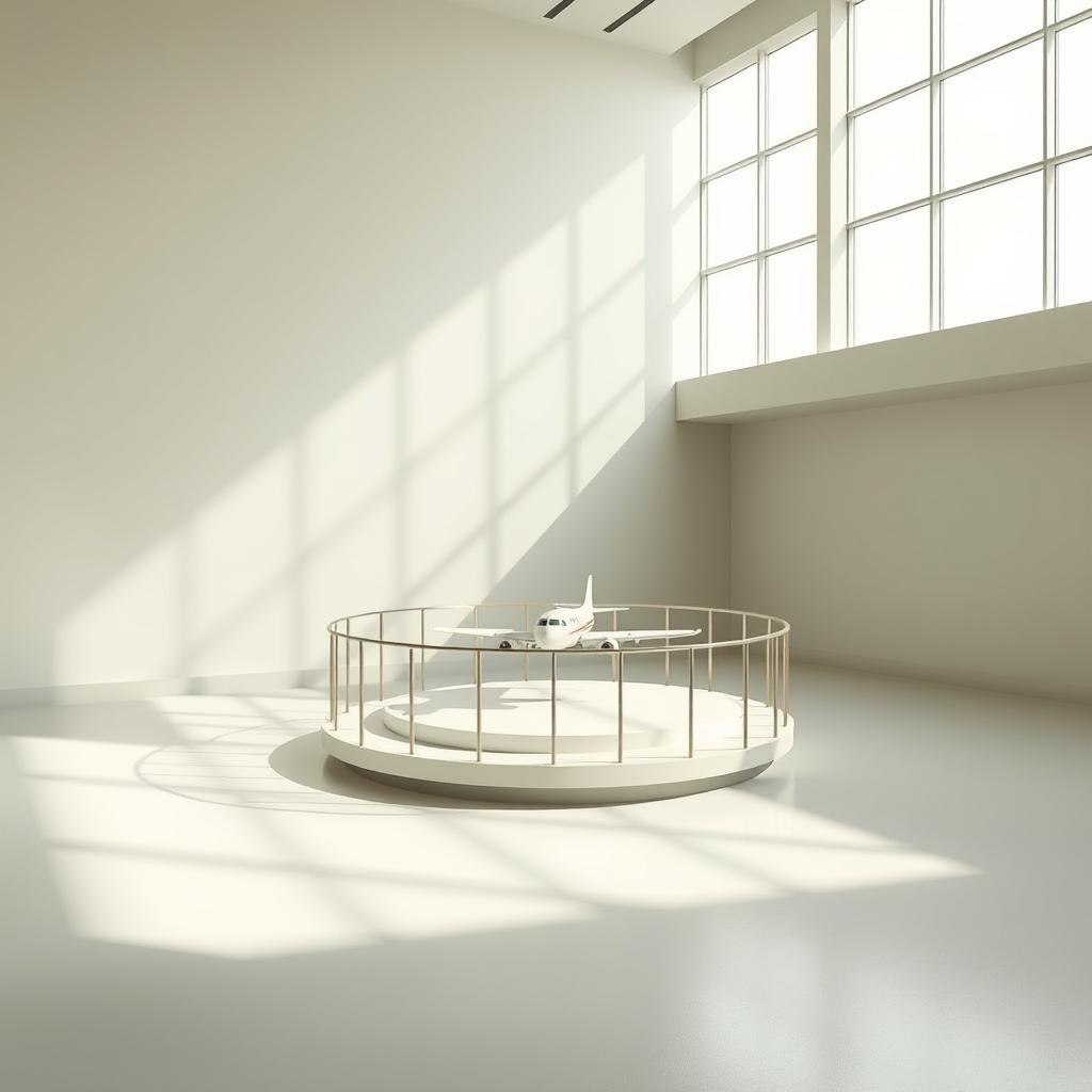 An artistic depiction of an empty room with a minimalist design and soft, neutral tones