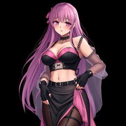 A realistic, sexy submissive gothic anime girl displaying a flustered expression with a gentle blush on her cheeks