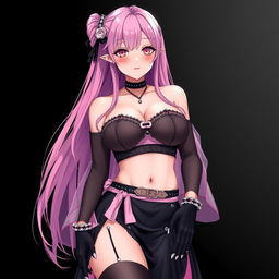 A realistic, sexy submissive gothic anime girl displaying a flustered expression with a gentle blush on her cheeks