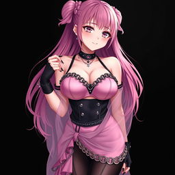 A realistic, sexy submissive gothic anime girl displaying a flustered expression with a gentle blush on her cheeks