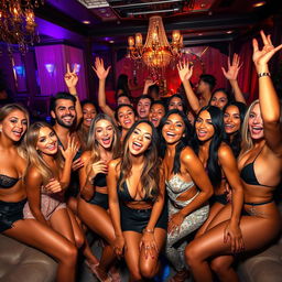 A thrilling scene depicting a lively party atmosphere with a vibrant group of adults enjoying themselves in a luxurious setting