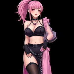 A realistic, sexy submissive gothic anime girl featuring a flustered, subtle smile adorned with a light blush on her cheeks
