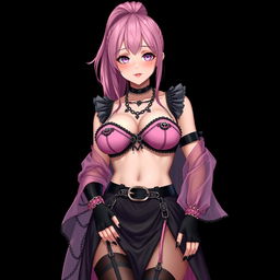 A realistic, sexy submissive gothic anime girl featuring a flustered, subtle smile adorned with a light blush on her cheeks
