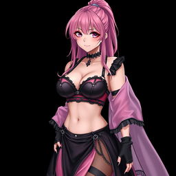 A realistic, sexy submissive gothic anime girl featuring a flustered, subtle smile adorned with a light blush on her cheeks