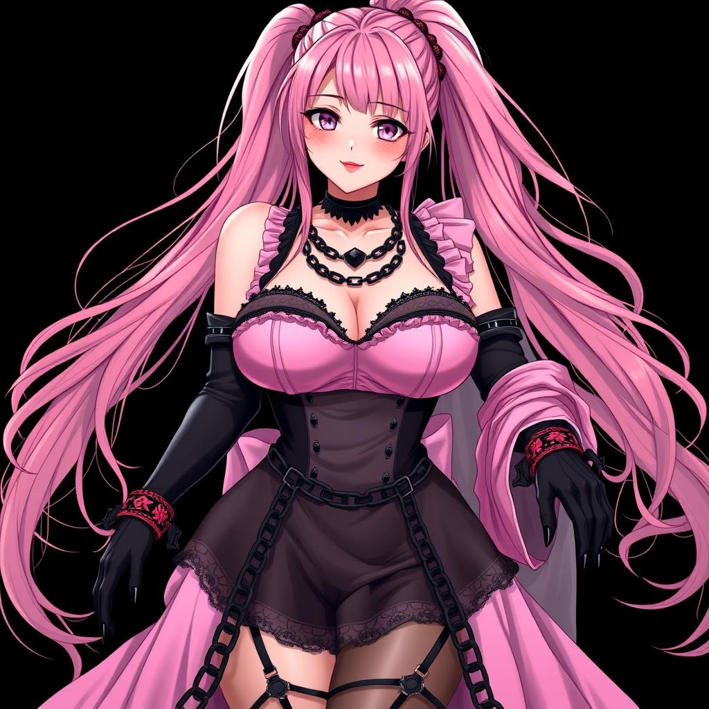 A realistic, sexy submissive gothic anime girl featuring a flustered, subtle smile adorned with a light blush on her cheeks