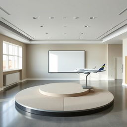A spacious, empty room designed for presentations and showcases