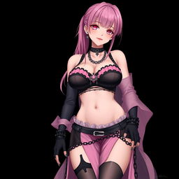 A realistic, sexy submissive gothic anime girl with a flustered, subtle smile and a light blush on her cheeks