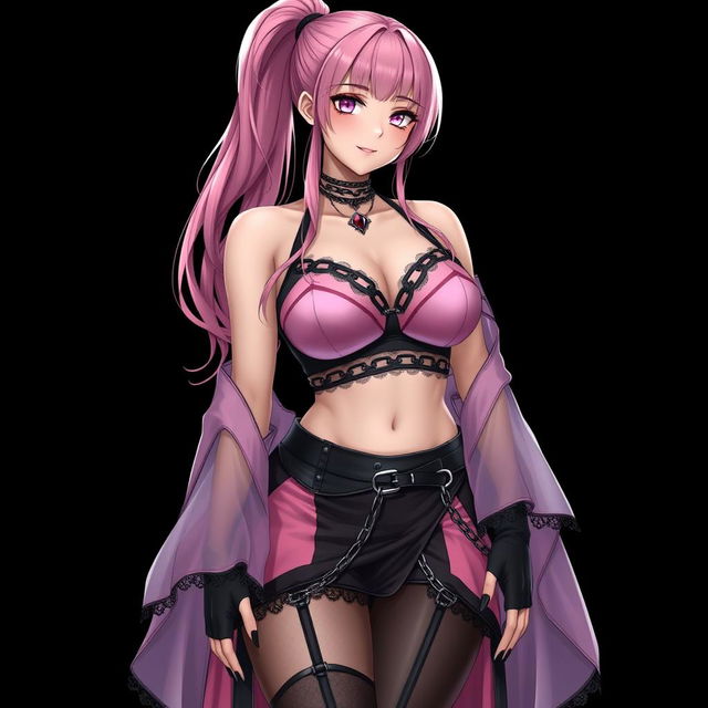 A realistic, sexy submissive gothic anime girl with a flustered, subtle smile and a light blush on her cheeks