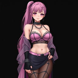 A realistic, sexy submissive gothic anime girl with a flustered, subtle smile and a light blush on her cheeks