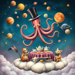 A whimsical and surreal scene featuring a giant octopus wearing a top hat, juggling colorful planets in a vibrant outer space filled with swirling galaxies and shooting stars