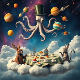 A whimsical and surreal scene featuring a giant octopus wearing a top hat, juggling colorful planets in a vibrant outer space filled with swirling galaxies and shooting stars
