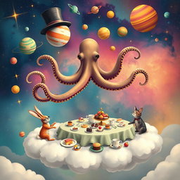 A whimsical and surreal scene featuring a giant octopus wearing a top hat, juggling colorful planets in a vibrant outer space filled with swirling galaxies and shooting stars