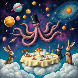 A whimsical and surreal scene featuring a giant octopus wearing a top hat, juggling colorful planets in a vibrant outer space filled with swirling galaxies and shooting stars