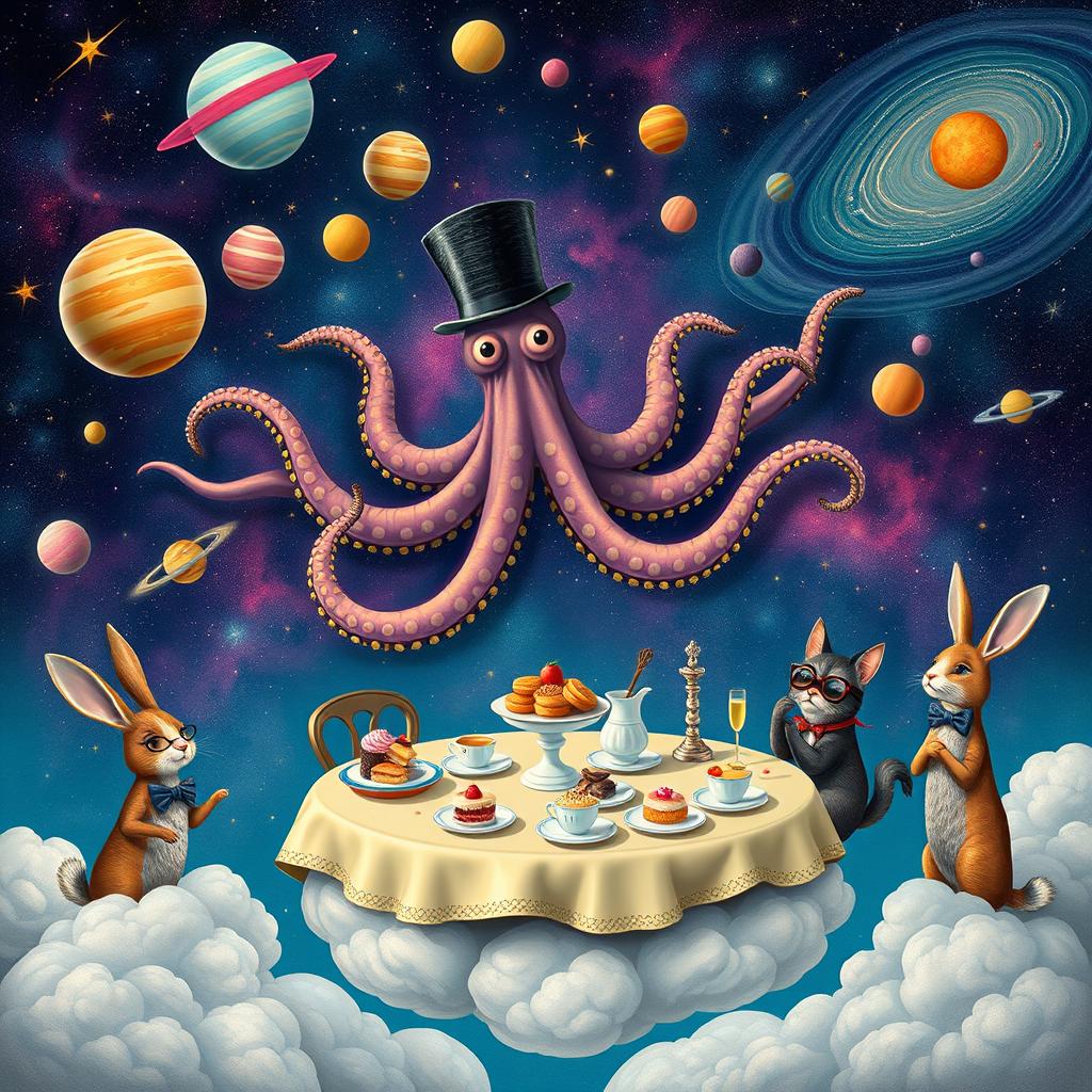 A whimsical and surreal scene featuring a giant octopus wearing a top hat, juggling colorful planets in a vibrant outer space filled with swirling galaxies and shooting stars