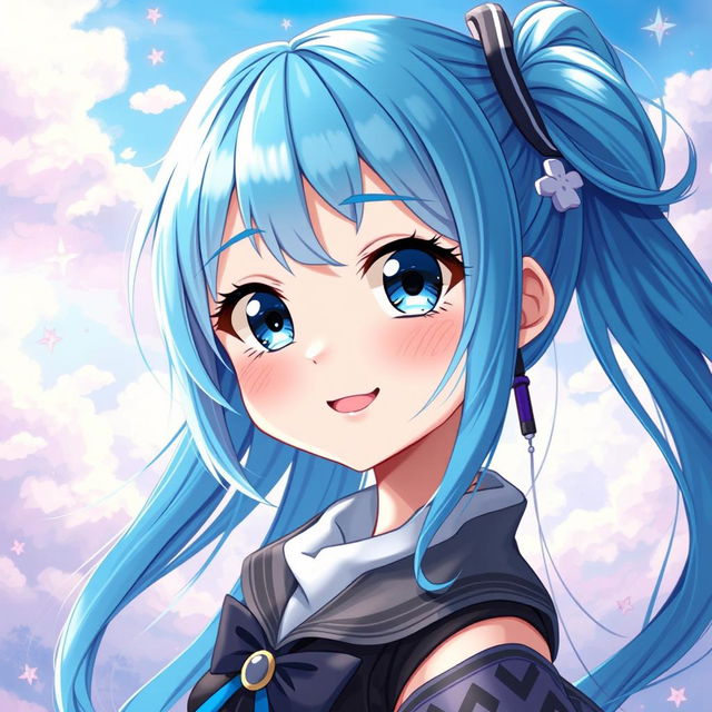 A vibrant digital painting of a blue-haired anime girl, showcasing her distinct features such as large expressive eyes, a playful smile, and stylish attire