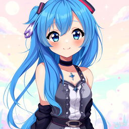 A vibrant digital painting of a blue-haired anime girl, showcasing her distinct features such as large expressive eyes, a playful smile, and stylish attire