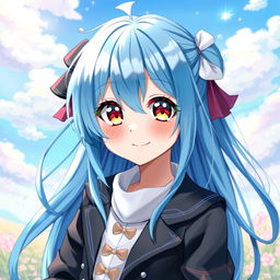 A vibrant digital painting of a blue-haired anime girl, showcasing her distinct features such as large expressive eyes, a playful smile, and stylish attire