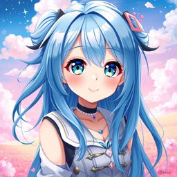 A vibrant digital painting of a blue-haired anime girl, showcasing her distinct features such as large expressive eyes, a playful smile, and stylish attire