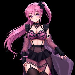 A realistic, sexy submissive gothic anime girl with a flustered, subtle smile and a light blush on her cheeks