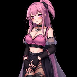 A realistic, sexy submissive gothic anime girl with a flustered, subtle smile and a light blush on her cheeks