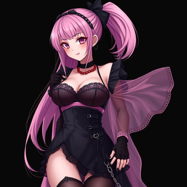 A realistic, sexy submissive gothic anime girl with a flustered, subtle smile and a light blush on her cheeks