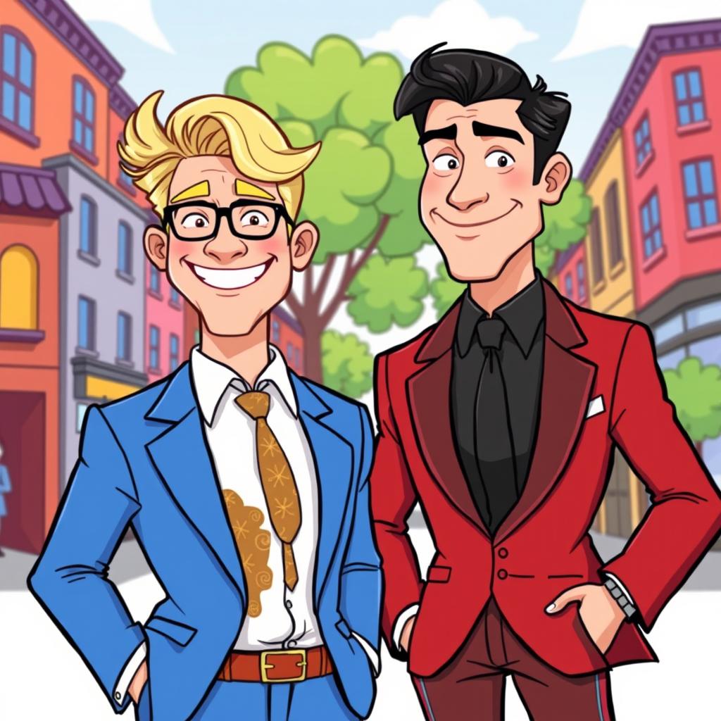 A cartoon-style illustration featuring two stylish men wearing suits