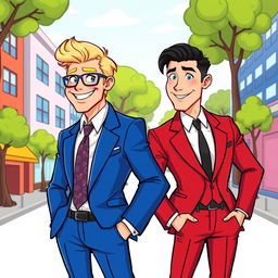 A cartoon-style illustration featuring two stylish men wearing suits