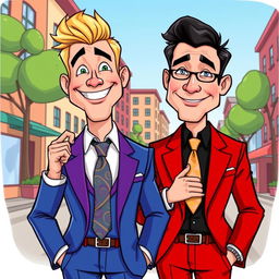 A cartoon-style illustration featuring two stylish men wearing suits