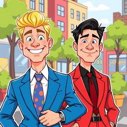 A cartoon-style illustration featuring two stylish men wearing suits
