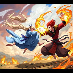 A dynamic battle scene featuring two combatants inspired by Avatar: The Last Airbender