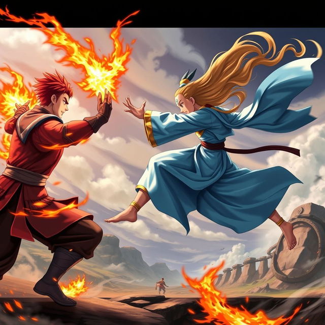 A dynamic battle scene featuring two combatants inspired by Avatar: The Last Airbender