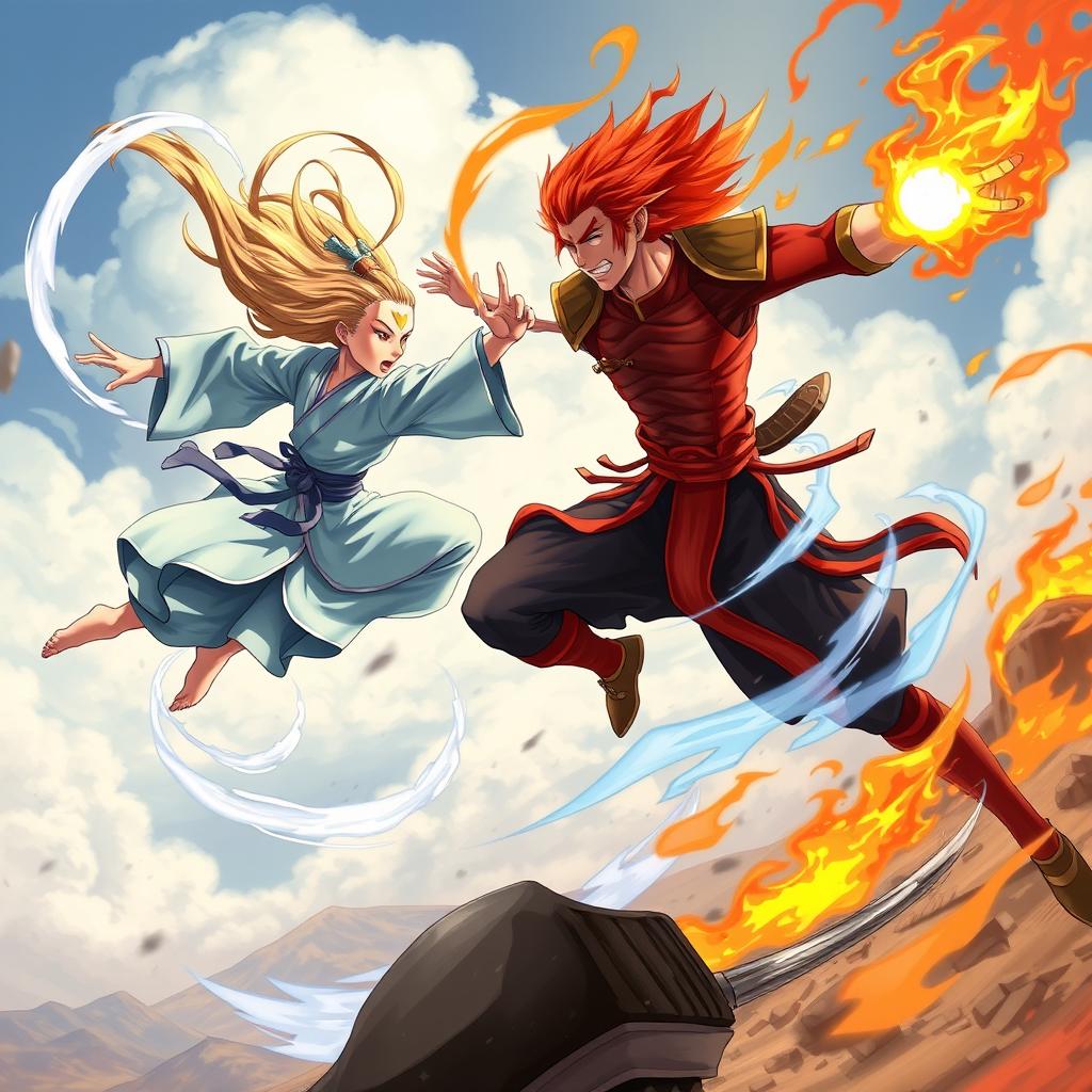 A dynamic battle scene featuring two combatants inspired by Avatar: The Last Airbender