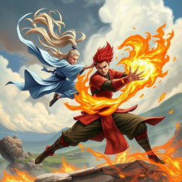 A dynamic battle scene featuring two combatants inspired by Avatar: The Last Airbender