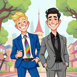 A cartoon-style illustration of two fashionable men in suits