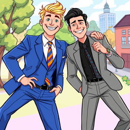 A cartoon-style illustration of two fashionable men in suits