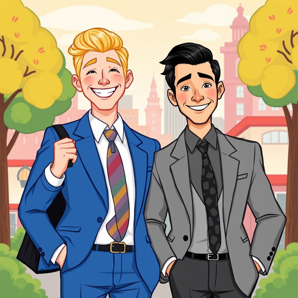 A cartoon-style illustration of two fashionable men in suits