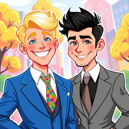 A cartoon-style illustration of two fashionable men in suits