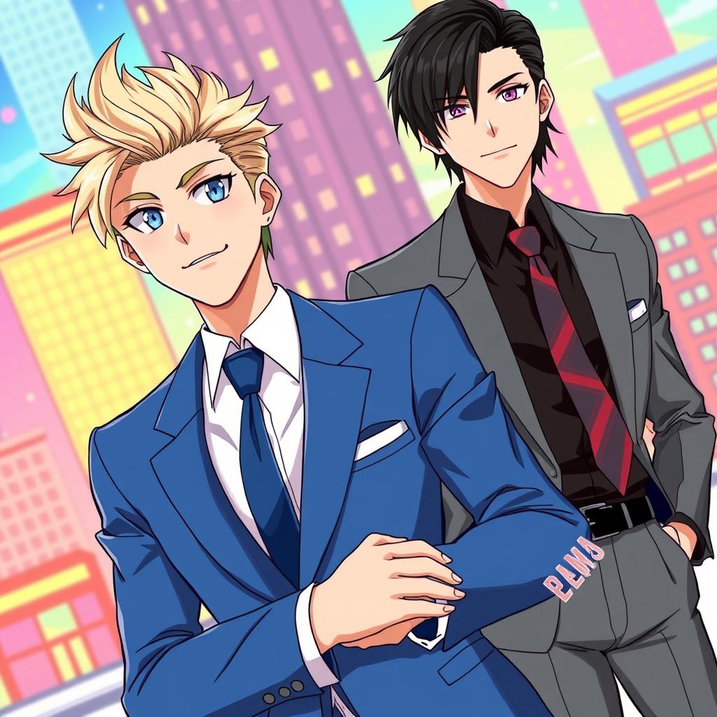 An anime-style illustration featuring two fashionable men in suits
