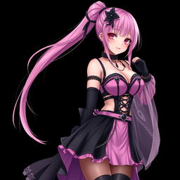 A realistic, sexy submissive gothic anime girl with a flustered, subtle smile and a light blush on her cheeks