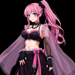 A realistic, sexy submissive gothic anime girl with a flustered, subtle smile and a light blush on her cheeks
