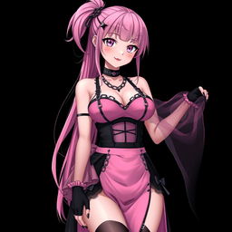 A realistic, sexy submissive gothic anime girl with a flustered, subtle smile and a light blush on her cheeks