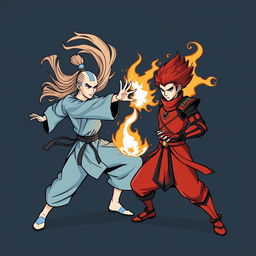 A stylized and graphic illustration of two combatants inspired by Avatar: The Last Airbender, designed for a t-shirt print