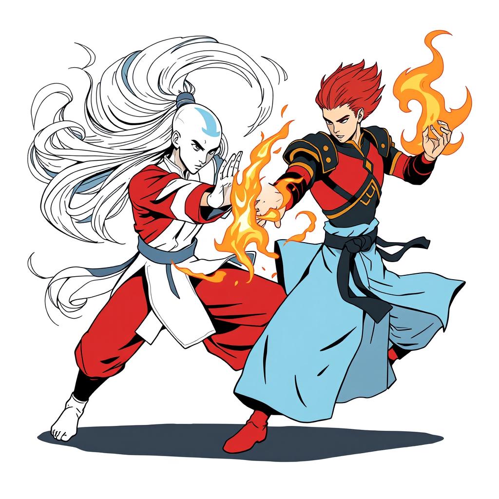 A stylized and graphic illustration of two combatants inspired by Avatar: The Last Airbender, designed for a t-shirt print