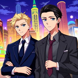 An anime-style illustration showcasing two stylish men in suits