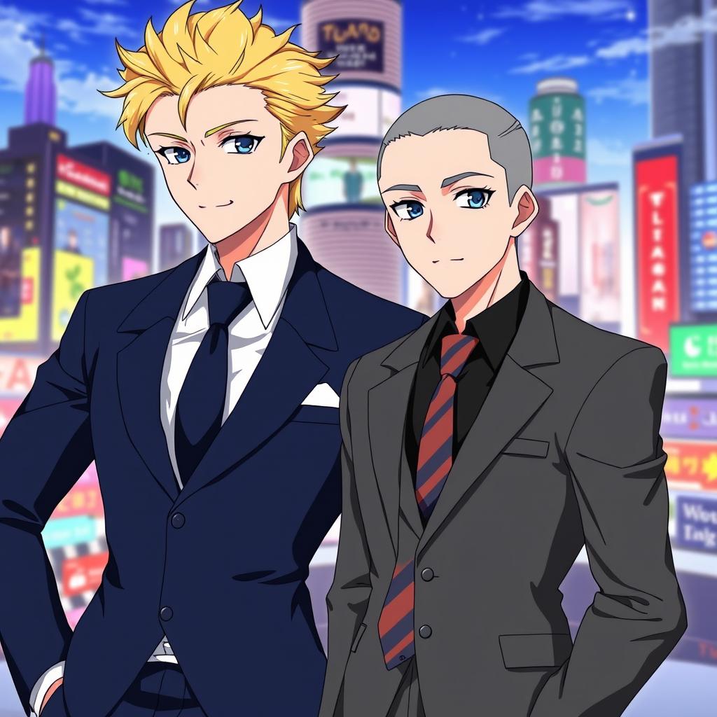 An anime-style illustration showcasing two stylish men in suits
