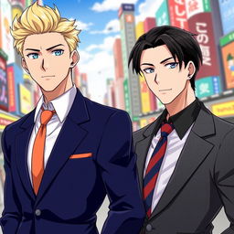 An anime-style illustration showcasing two stylish men in suits